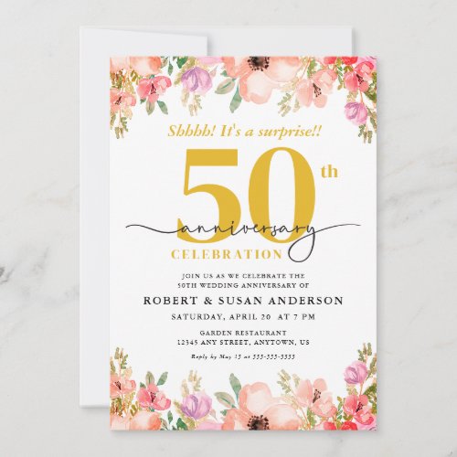 Elegant Floral Surprise 50th Wedding Anniversary Invitation