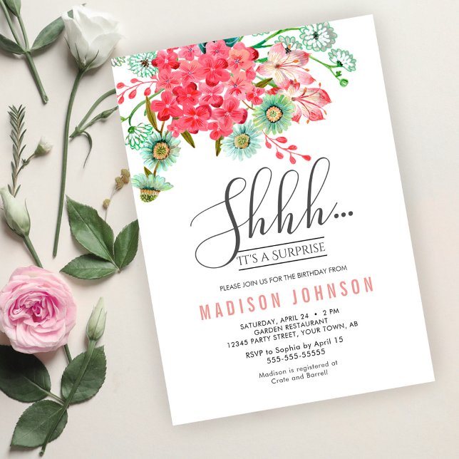 Elegant Floral Surprise Party – Shhh Secret Party Invitation (Wild Flowers | Birthday Surprise Party Invitation)