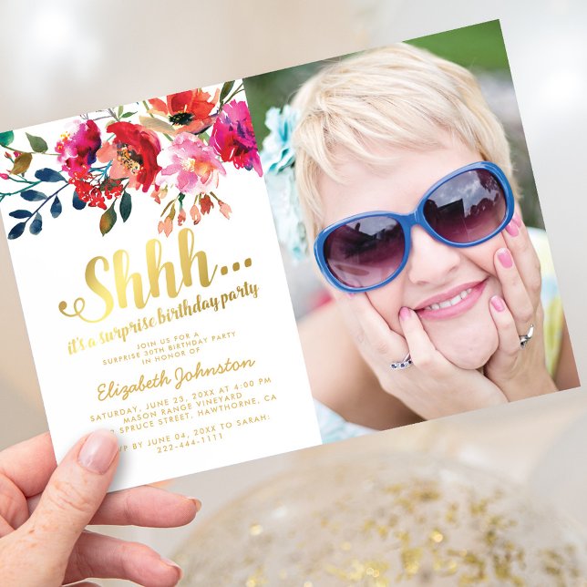 Elegant Floral Surprise Photo Birthday Party Invitation (Creator Uploaded)