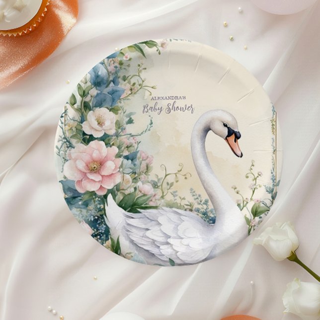 Elegant Floral Swan Blush Pink Baby Shower Paper Plates (Creator Uploaded)