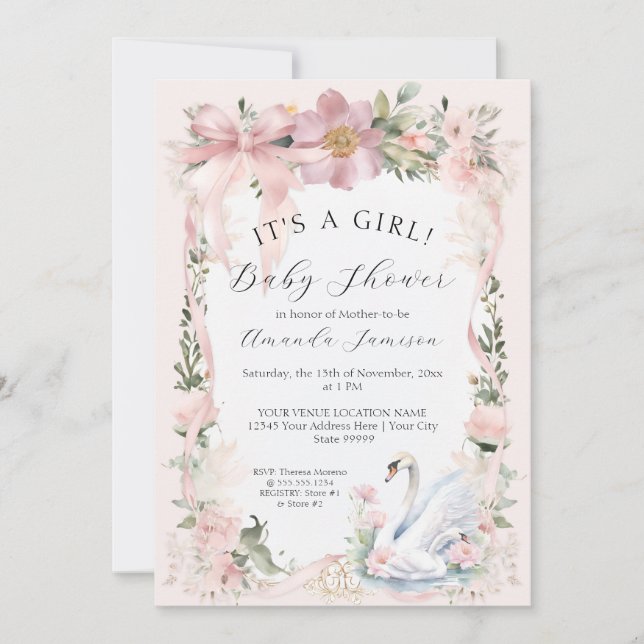 Elegant Floral Swan Blush Pink Ribbon Baby Shower Invitation (Front)