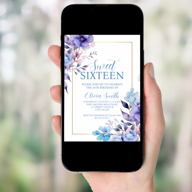 Elegant Floral Sweet Sixteen Invitation (Front Digital)