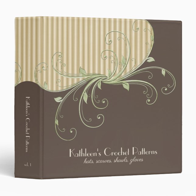 Elegant Floral Swirls  Gold Stripes Embossed Look 3 Ring Binder (Front/Spine)