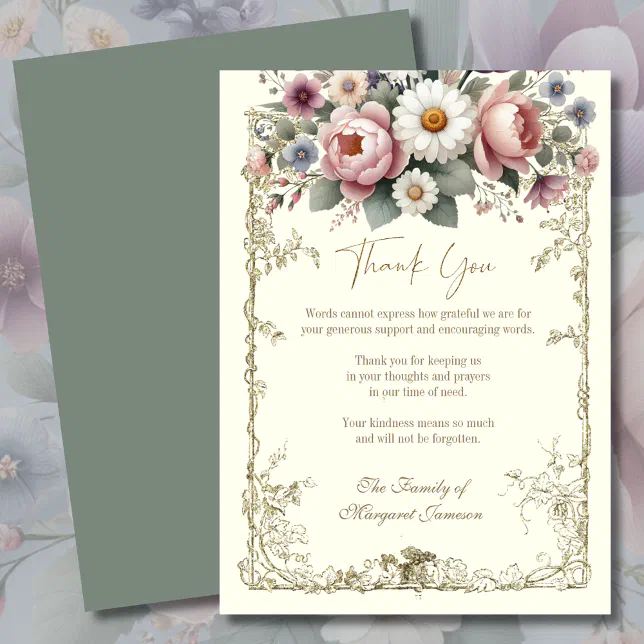 Elegant Floral Sympathy Condolence Vintage Thank You Card | Zazzle