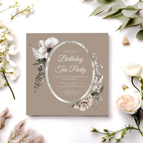 Elegant Floral Taupe Birthday Tea Party Invitation