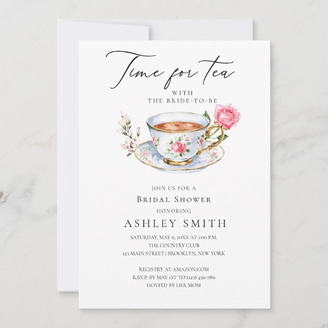 Elegant Floral Tea Party Bridal Shower Invitation (Front)