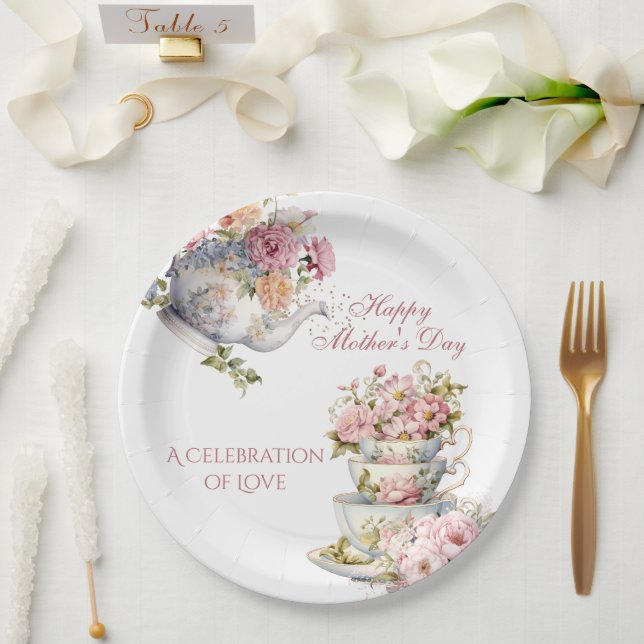 Elegant Floral Tea Party Happy Mother's Day Paper Plates (Wedding)