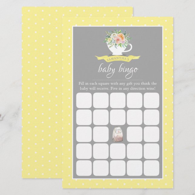 Elegant Floral Teacup Baby Shower Tea Party Bingo (Front/Back)