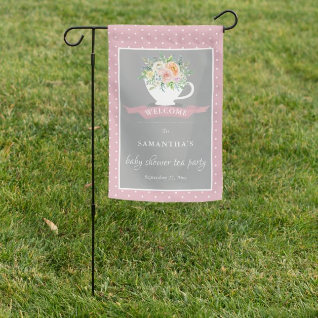 Elegant Floral Teacup Baby Shower Tea Party Garden Flag (In SItu)