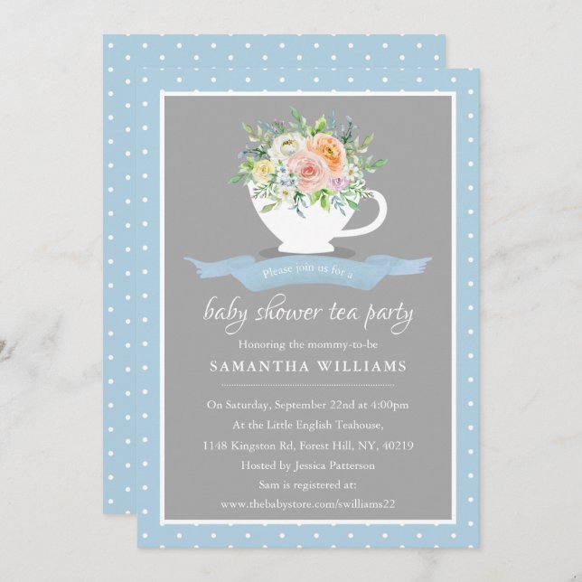 Elegant Floral Teacup Baby Shower Tea Party Invitation (Front/Back)
