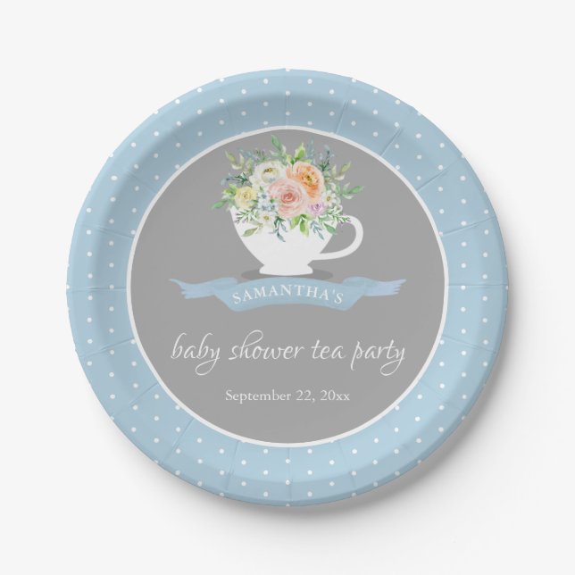 Elegant Floral Teacup Baby Shower Tea Party Paper Plates (Front)