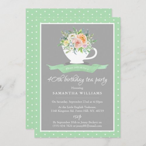 Elegant Floral Teacup Birthday Tea Party Invitation