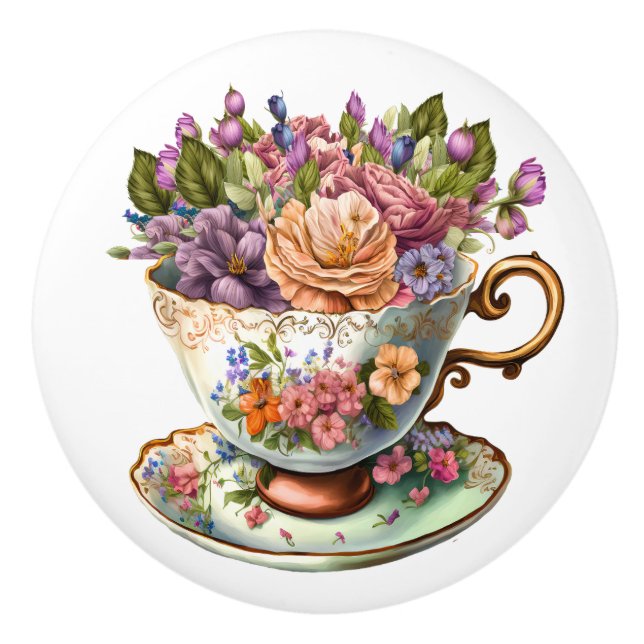 Elegant Floral Teacup Ceramic Knob (Front)