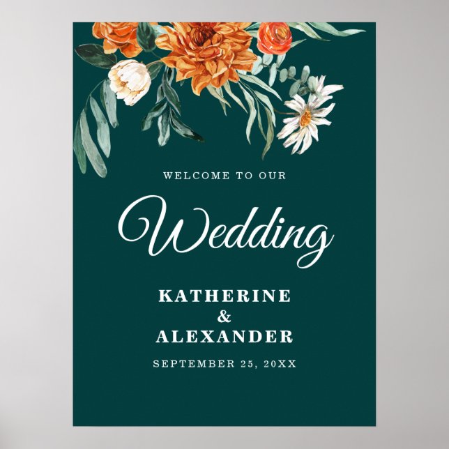 Elegant Floral Teal Burnt Orange Welcome Wedding  Poster (Front)