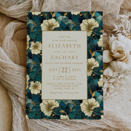 Elegant Floral Teal Cream Gold Wedding Invitation
