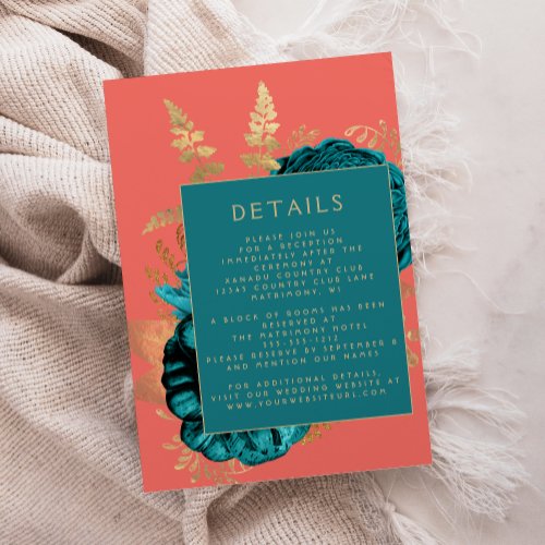 Elegant Floral Teal Gold Coral Wedding Details