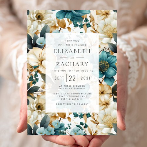Elegant Floral Teal Ivory Gold Wedding Invitation