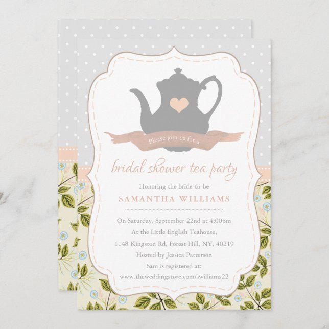 Elegant Floral Teapot Bridal Shower Tea Party Invitation (Front/Back)