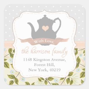 Elegant Floral Teapot Return Address Square Sticker