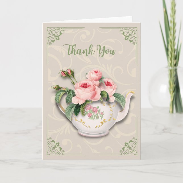 Elegant Floral Teapot Thank You Card (Front)