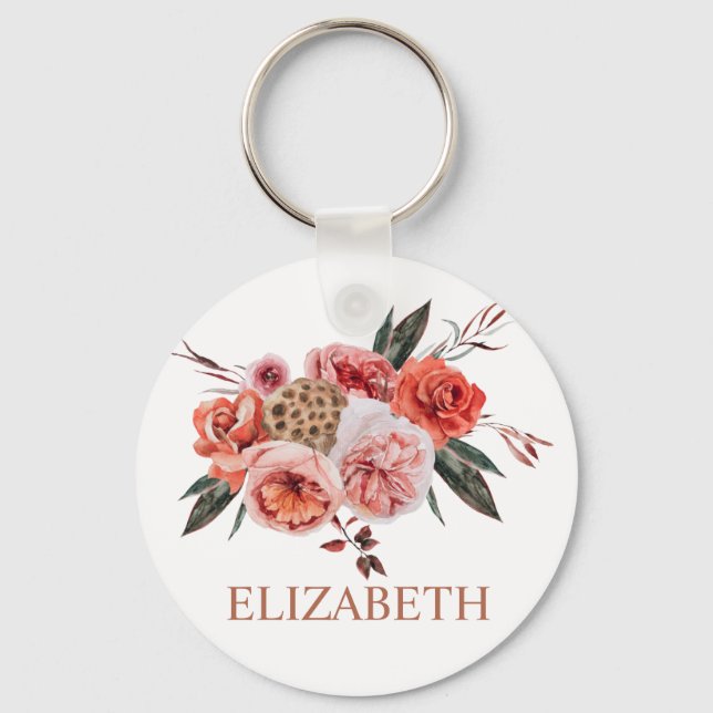 Elegant Floral terracotta custom name keychain (Front)