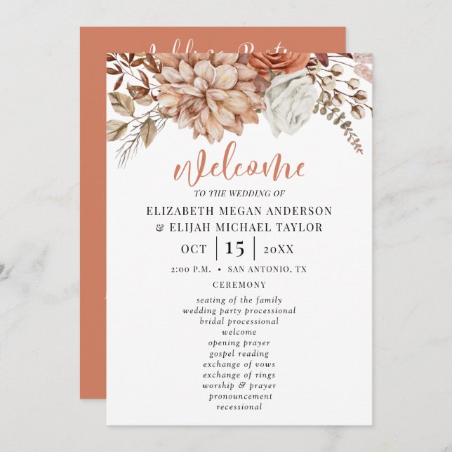 Elegant Floral Terracotta Wedding Program (Front/Back)