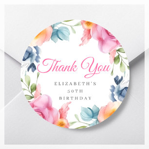 Elegant Floral Thank You Birthday Party Classic Round Sticker