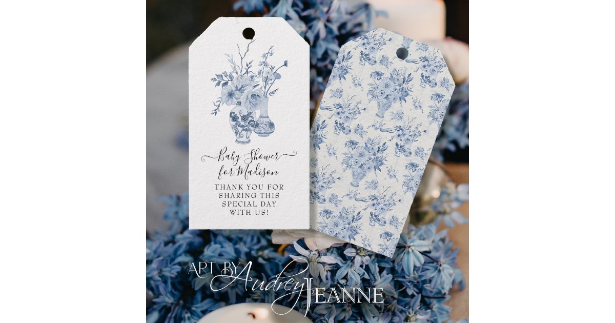 Elegant Floral Thank You Blue Girl Baby Shower Gift Tags | Zazzle