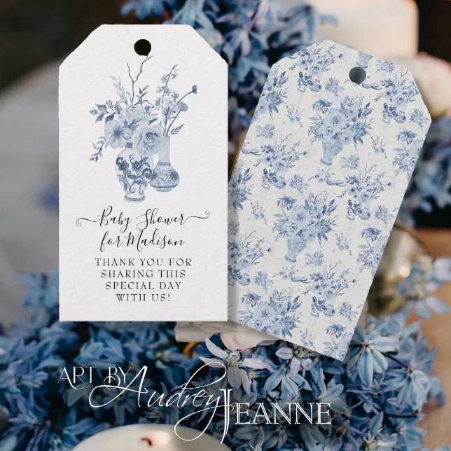 Elegant Floral Thank You Blue Girl Baby Shower Gift Tags | Zazzle