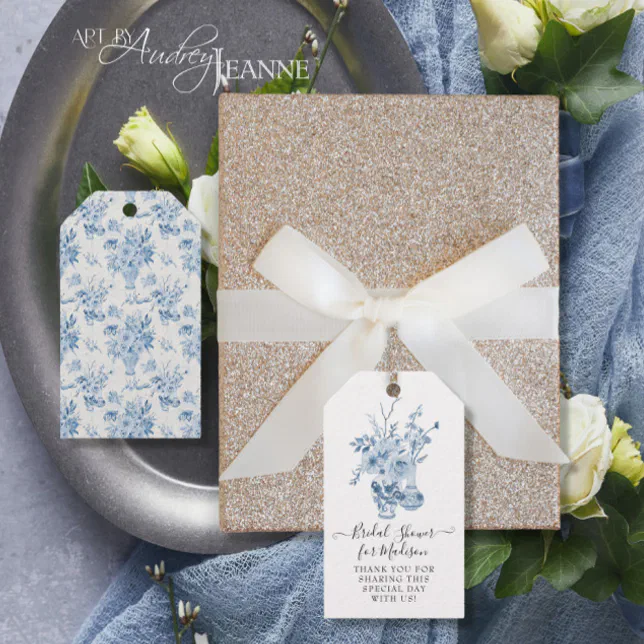 Elegant Floral Thank You Blue White Bridal Shower Gift Tags | Zazzle