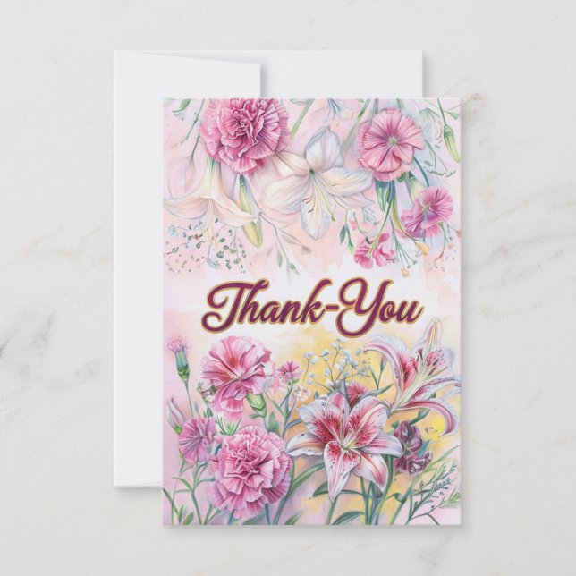 Elegant Floral Thank-You Card with Pink and Gold  (Front)