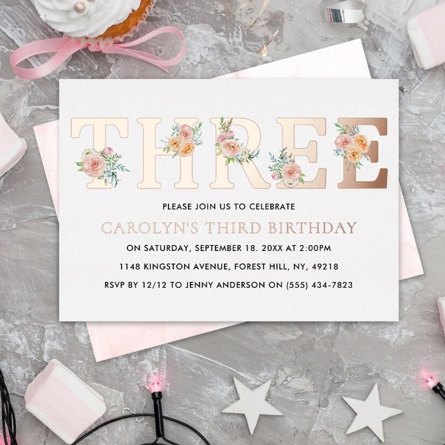 Elegant Floral THREE 3rd Birthday Real Foil Invitation (Creator Uploaded)