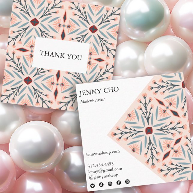 Elegant Floral Tiles Geometric Order Thank You  Square Business Card (Pretty handmade pink design on these order thank you custom business cards with social media icons)