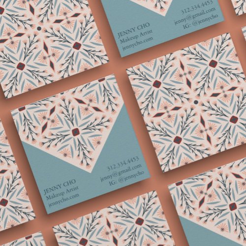Elegant Floral Tiles Geometric Pink Blue Square Business Card