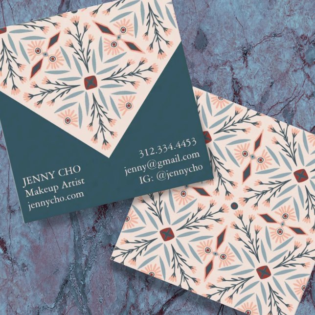 Elegant Floral Tiles Geometric Pink Blue Square Business Card