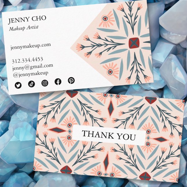 Elegant Floral Tiles Geometric Pink Order Thank Yo Business Card (Order thank you card with custom social media icons. Pretty pink design.)