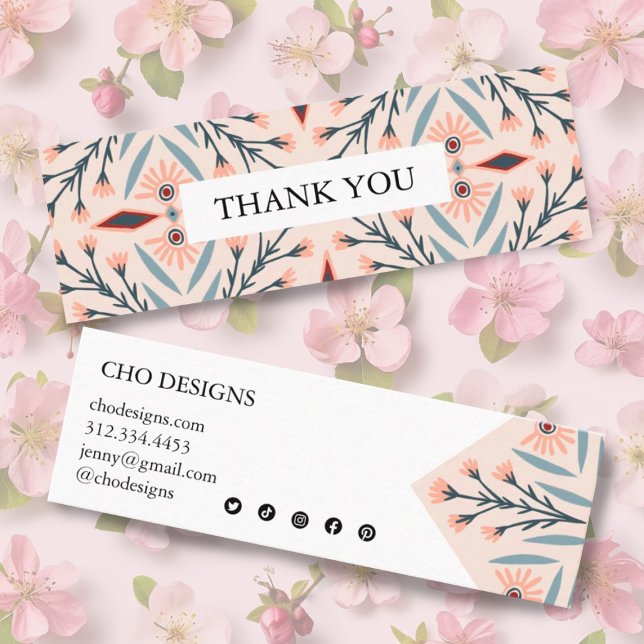 Elegant Floral Tiles Geometric Pink Thank You  Mini Business Card (Pretty pink mini business cards with social media icons. Thank customers for their orders.)