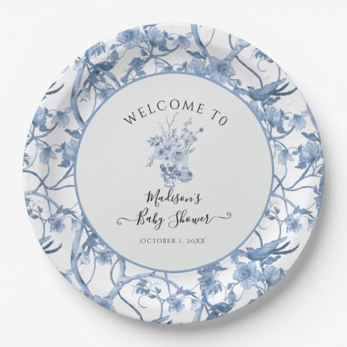 Elegant Floral Toile Blue and White Baby Shower Paper Plates