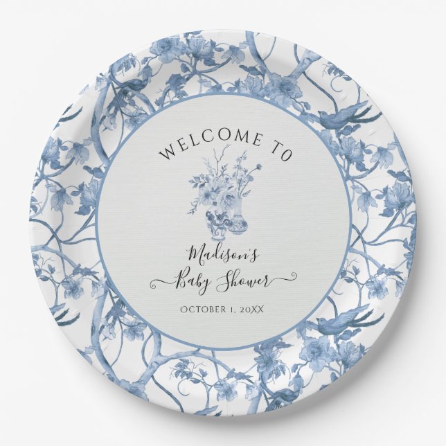 Elegant Floral Toile Blue and White Baby Shower Paper Plates (Front)