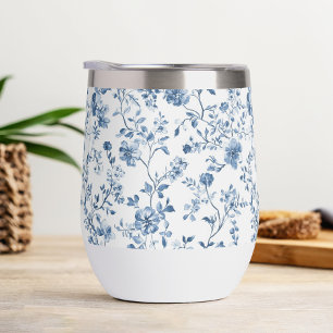 Elegant Floral Toile Blue and White Vintage Style  Thermal Wine Tumbler