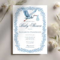 Elegant Floral Toile Frame Blue Stork Baby Shower