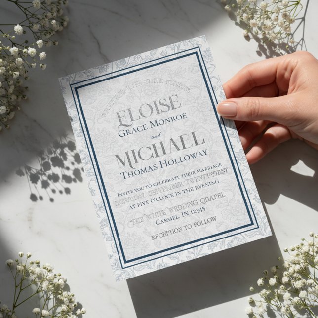 Elegant Floral Toile Script Monogram Blue Wedding Foil Invitation (Formally invite guests to your big day with this Elegant Floral Toile Script Monogram Blue Invite!)
