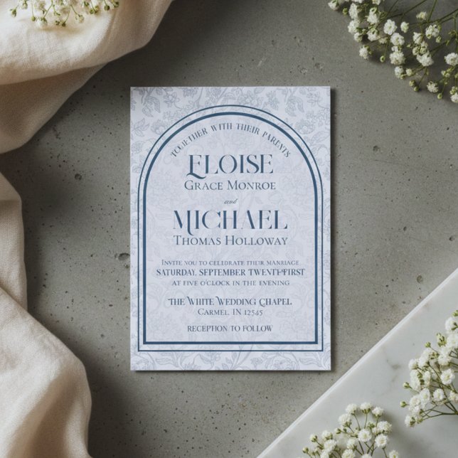 Elegant Floral Toile Script Monogram Blue Wedding Invitation (Elegant Floral Toile Script Monogram Blue Wedding Invitation)
