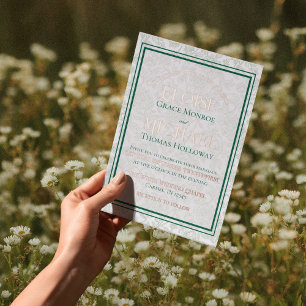 Elegant Floral Toile Script Monogram Green Wedding Foil Invitation