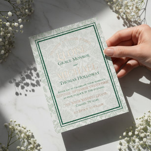 Elegant Floral Toile Script Monogram Green Wedding Foil Invitation