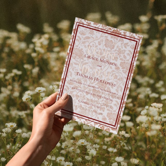 Elegant Floral Toile Script Monogram Red Wedding Foil Invitation (*AI Generated Mockup )