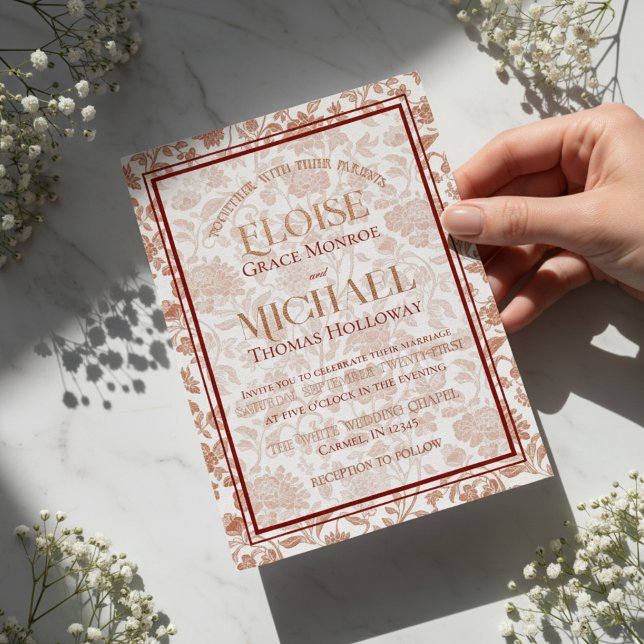 Elegant Floral Toile Script Monogram Red Wedding Foil Invitation (Formally invite guests to your big day with this Elegant Floral Toile Script Monogram Red Invite!)