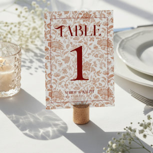 Elegant Floral Toile Script Red Wedding  Table Number