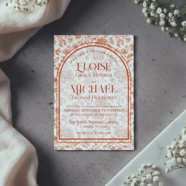 Elegant Floral Toile Script Terracotta Red Wedding Invitation (Elegant Floral Toile Script Terracotta Red Wedding Invitation)