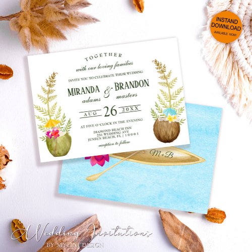Elegant Floral Tropical Beach Hawaii Wedding Invitation